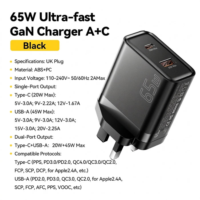 65W GaN USB-C PD Fast Charger with QC3.0 — Phone Adapter for iPhone 16 Pro Max & Galaxy S23 (UK plug option)