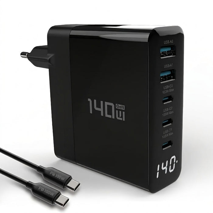 140W 5‑Port GaN USB‑C Charger with Display — Up to 100W Laptop Power, Quick Charge