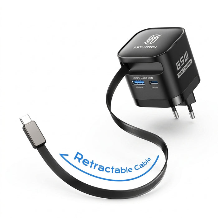 65W GaN 3‑Port USB Charger with Retractable USB‑C Cable — PD3.0, QC4.0, PPS