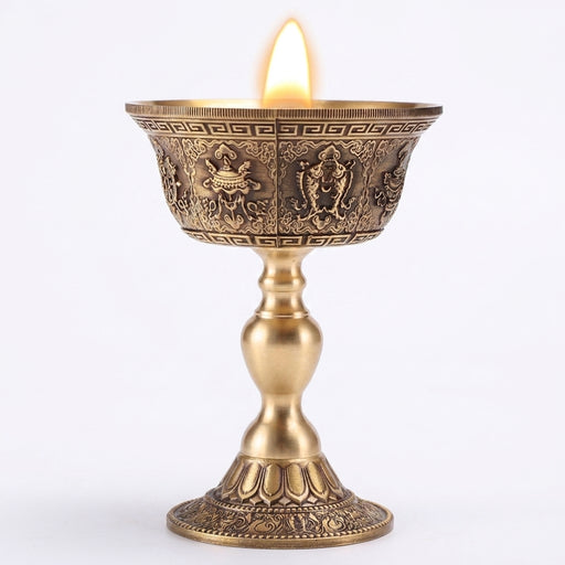 Copper Buddhist Candlestick with Bronze Finish — Dragon & Phoenix Inlay