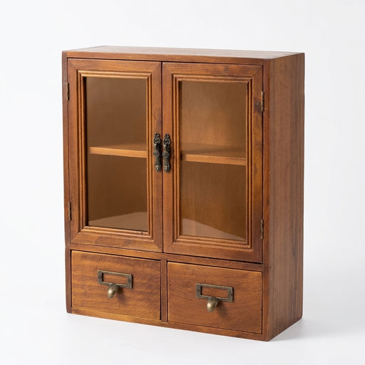 Nordic Solid Wood Retro Double-Door Display Cabinet — Desktop Storage for Cosmetics & Sundries