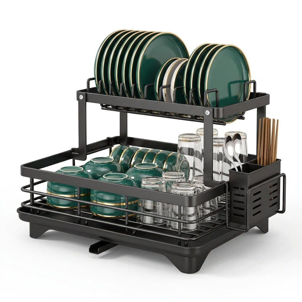 2-Tier Stainless Steel Dish Rack — Large Capacity with Cutting Board Holder & Drainboard