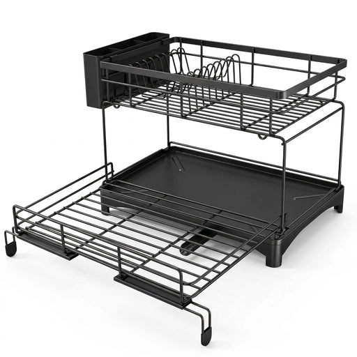 Large Rustproof Iron Dish Drying Rack with Drainboard and 3‑Slot Utensil Holder