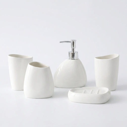 Modern Ceramic Bathroom Accessory Set — 4 or 5 Piece with Pump Dispenser