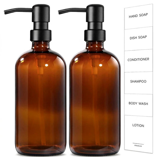 Amber Glass Soap Dispensers – 2 Pack (500ml / 17 fl oz) with Stainless Steel Pumps