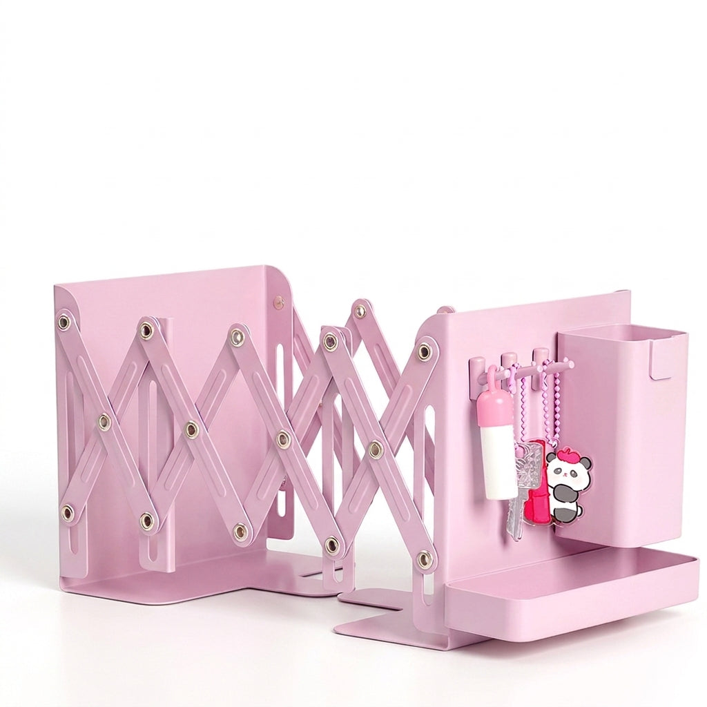 Retractable Metal Desktop Bookstand with Basket, Hooks & Removable Pen Holder