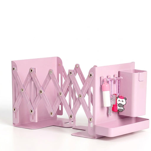 Retractable Metal Desktop Bookstand with Basket, Hooks & Removable Pen Holder
