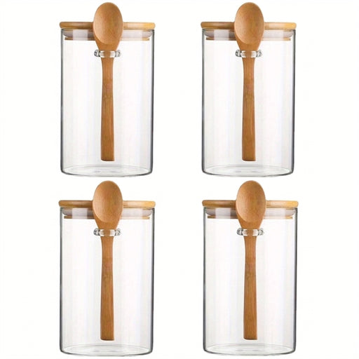 Airtight Glass Jars with Bamboo Lids & Spoons — 18oz (>501ml) — Pack of 1/2/3/4 — Transparent Food Storage for Spices, Beans & Tea