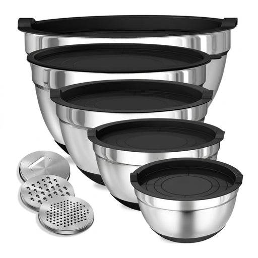 8-Piece Stainless Steel Mixing Bowls with Airtight Lids — Black, Non-Slip Bases