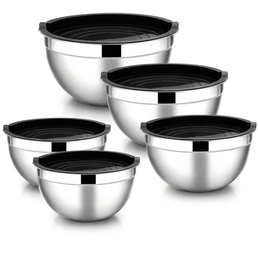 5-piece Stainless Steel Salad Basins with Lids — 2L+ Mixing & Baking Bowls (Silver)