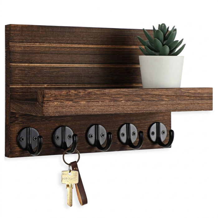 Wall-mounted Wooden Key and Mail Shelf with 5 Hooks