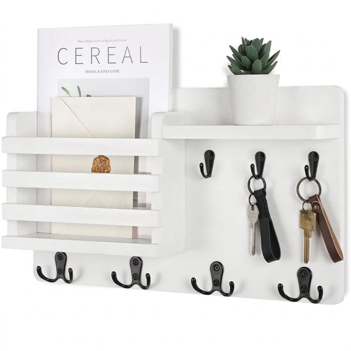 Rustic Wood Wall Mail Organiser with Key Hooks and Floating Shelf