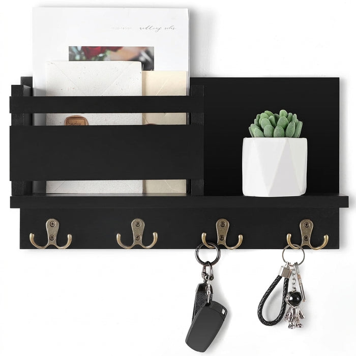 Wooden Wall-Mounted Key & Mail Organiser — Rustic Letter Sorter with 4 Key Hooks