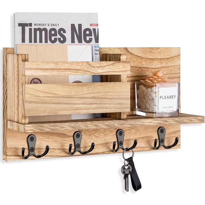 Wooden Wall-Mounted Key & Mail Organiser — Rustic Letter Sorter with 4 Key Hooks