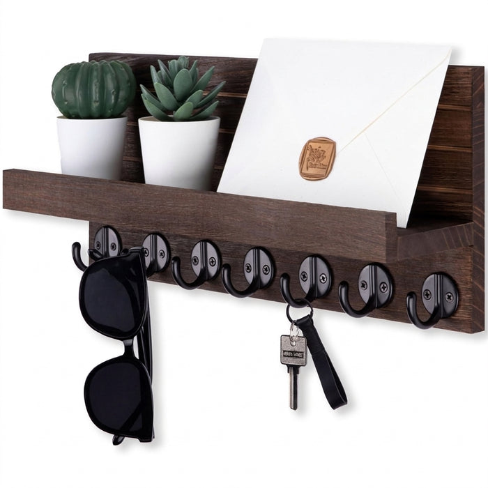 Wood Wall-Mounted Key & Mail Holder with 7 Hooks and Shelf