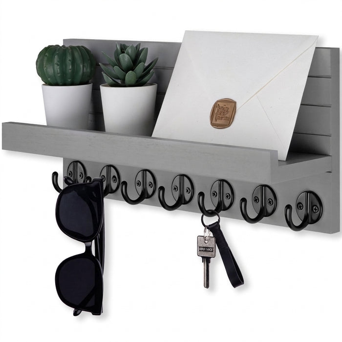 Wood Wall-Mounted Key & Mail Holder with 7 Hooks and Shelf