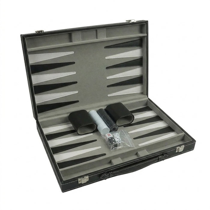 Backgammon & Chess Folding Set in Stitched Black Leatherette Case