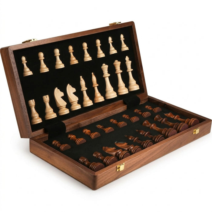 15" x 15" Folding Walnut Chess Set with Solid Wooden Pieces