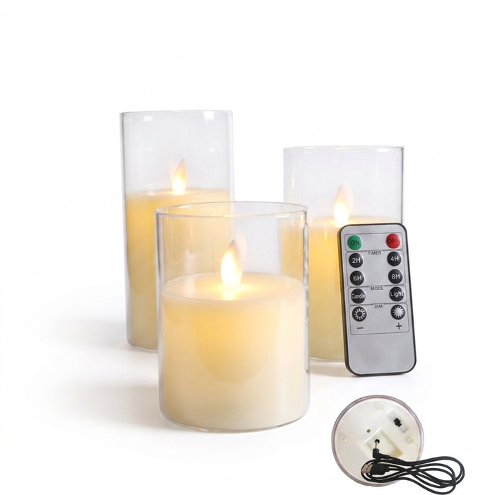 3-piece USB Rechargeable LED Pillar Candles with Remote & Timer