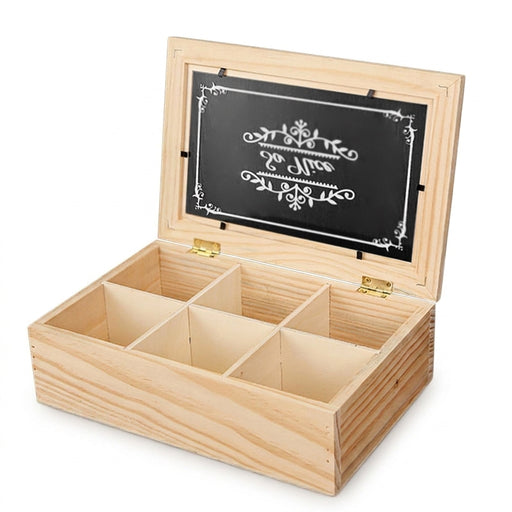 Wooden 6-Compartment Tea Box with Transparent Lid — 24×16×7 cm Organiser