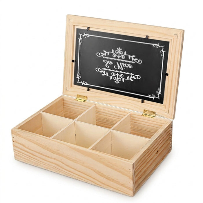 Wooden 6-Compartment Tea Box with Transparent Lid — 24×16×7 cm Organiser