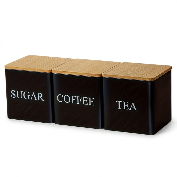 Set of 3 Metal Canisters with Bamboo Lids – 500ml Coffee, Tea & Sugar (Black or White)