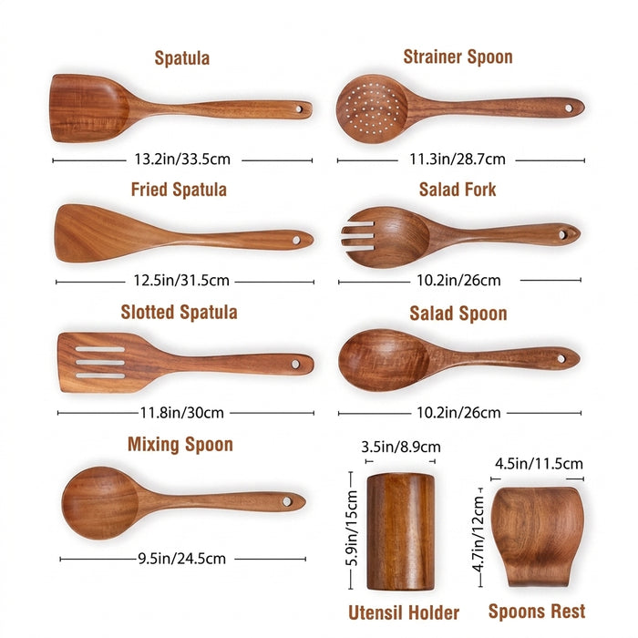 9-Piece Teak Wooden Kitchen Utensil Set with Holder
