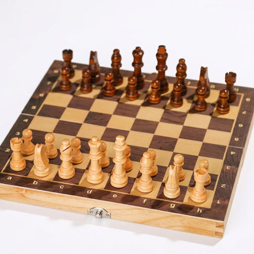 Foldable 3-in-1 Wooden Chess Set — Chess, Checkers & Backgammon, 29×29cm Travel Board