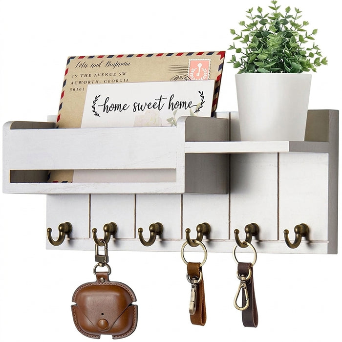 Wooden Wall-Mounted Key Rack & Mail Organiser — 6 Hooks