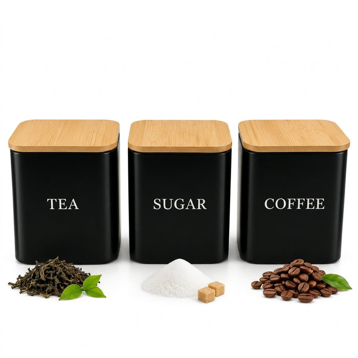3-Piece Square Kitchen Canisters with Bamboo Lids for Coffee, Tea & Sugar