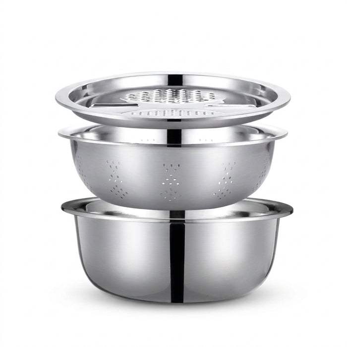 3-Piece Stainless Steel Mixing Bowl Set — Grater, Strainer & Drain for Food Prep