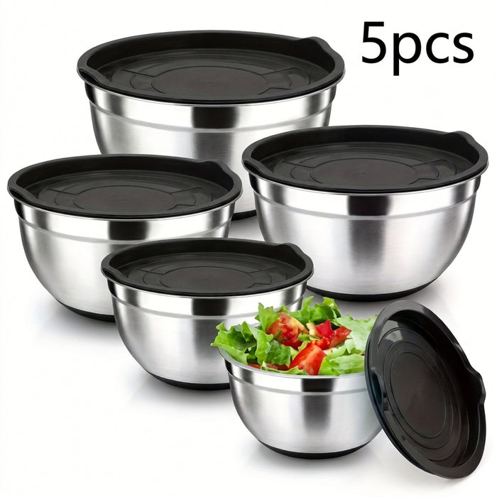 5-piece Stainless Steel Nesting Bowl Set with Sealing Lids — Mixing, Serving & Storage