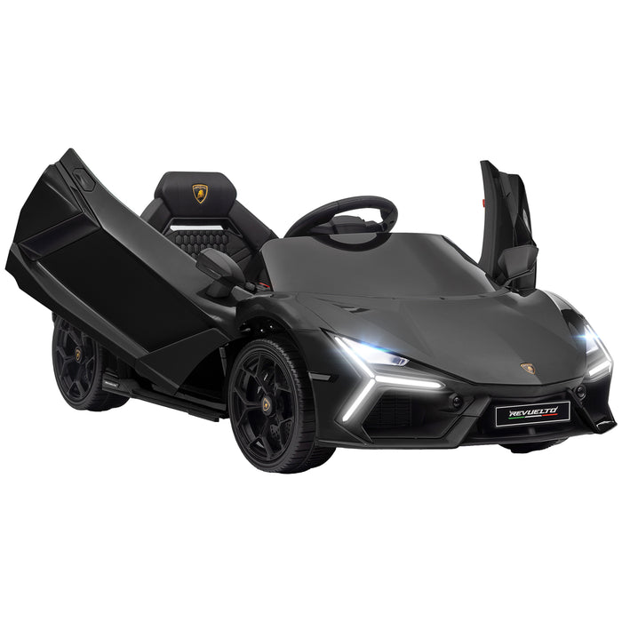 AIYAPLAY Lamborghini Revuelto Licensed 12V Ride on Car w/ Butterfly Doors Training Wheels, Suspension, Remote Control Black | Aosom UK