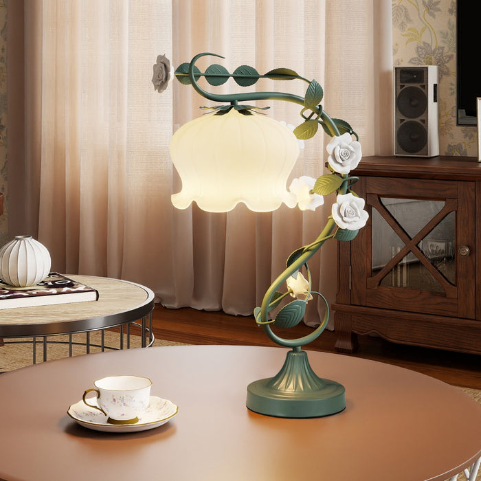 Vintage Nightstand Lamp with 6 Ceramic Roses and Metal Leaves-Green