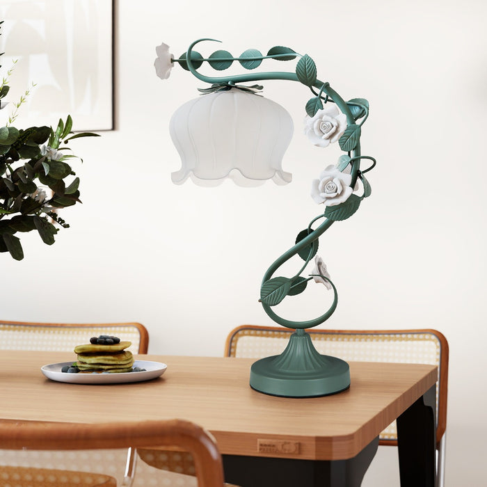 Vintage Nightstand Lamp with 6 Ceramic Roses and Metal Leaves-Green