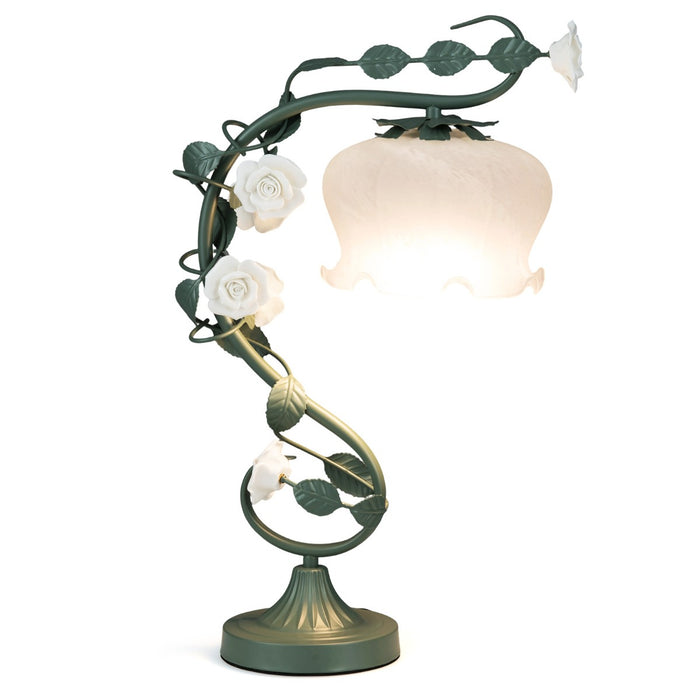 Vintage Nightstand Lamp with 6 Ceramic Roses and Metal Leaves-Green