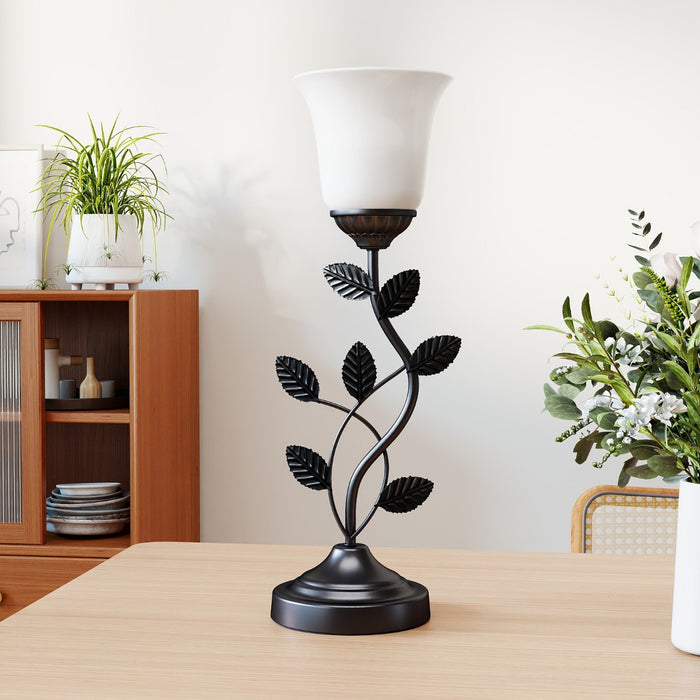 Vintage Nightstand Lamp with Tulip Glass Lampshade and Metal Leaves-Black