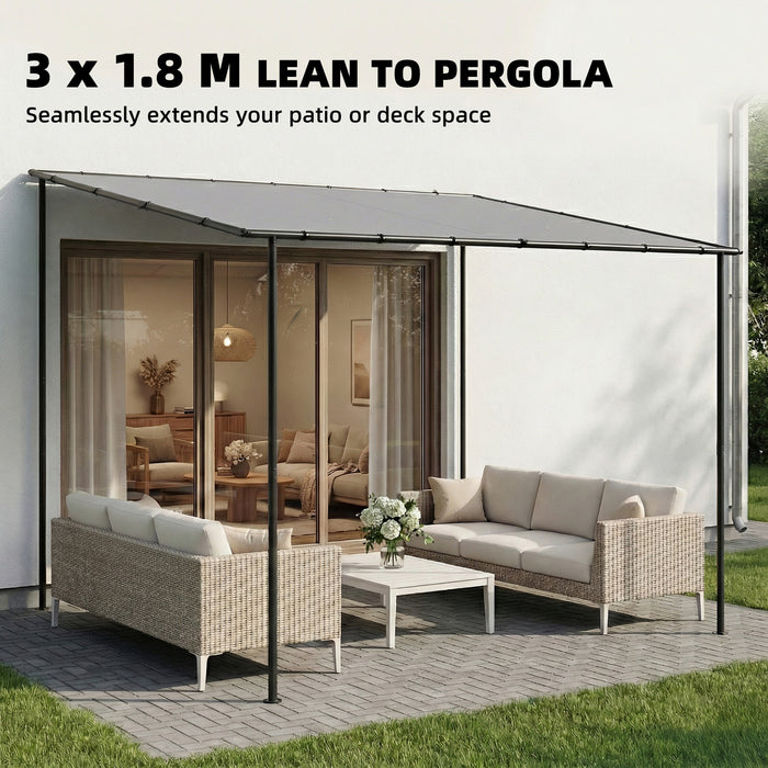 Outsunny 3 x 2 m Lean to Garden Pergola, Metal Frame Gazebo Pergola with UPF30+ Protection, Sloped Roof, Drainage Holes, Grey