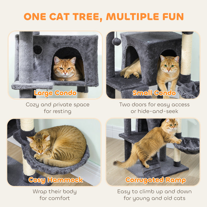 PawHut 160cm Large Cat Tree Tower with Sisal Scratching Posts, Condos, Plush Perches, Hammock, Ladder, Dark Grey