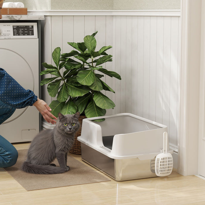 PawHut Stainless Steel Litter Box with Detachable Rim, Scoop, Easy Cleaning, Odour-Resistant, 60 x 40 x 28 cm