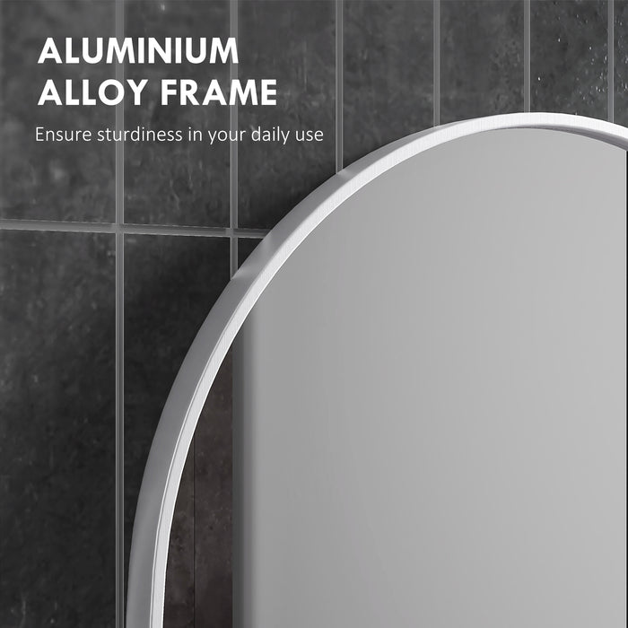 Modern Oval Wall-Mounted Mirror - Aluminum-Framed Vanity Mirror for Bathroom or Living Room, 60x90 cm - Versatile Hanging Options, Silver Finish for Entryways and Home Decor