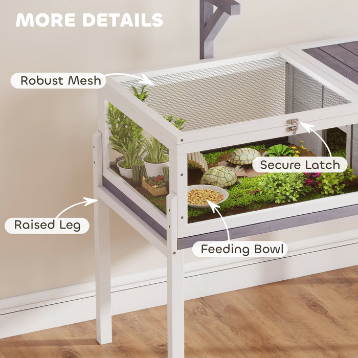 PawHut Wooden Tortoise Cage with Dual-Zone Habitat, Clear Panels, Openable Top, Metal Mesh, for Tortoises and Small Pets, Grey