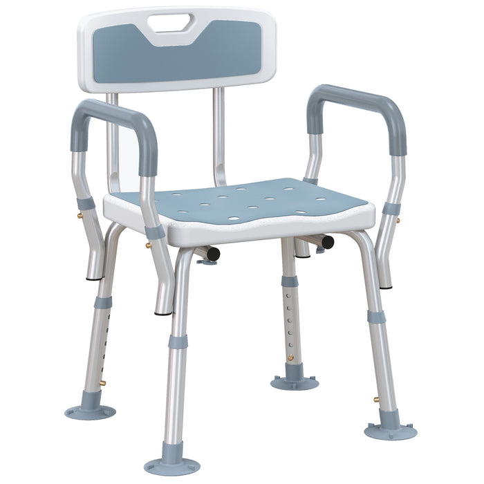 HOMCOM EVA Padded Shower Chair for the Elderly and Disabled, Height Adjustable Shower Stool with Back and Arms, 4 Suction Foot Pads, Light Blue | Aosom UK