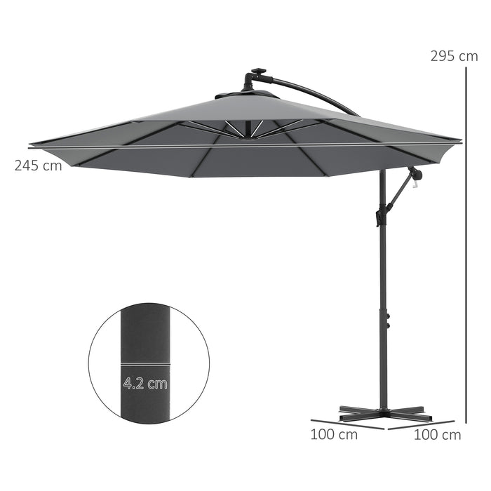Cantilever Parasol with Solar LED - Outdoor Garden Umbrella, Cross Base, Crank Handle, Offset Banana Sun Shade - Ideal for Patio Lighting & Sun Protection, Grey