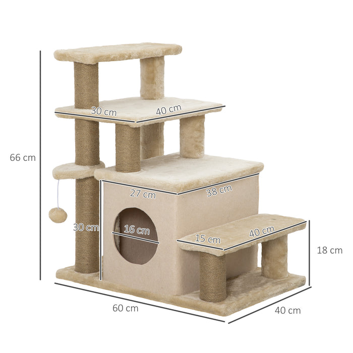 PawHut Adjustable Cat Steps, with House & Hanging Toy Ball - Beige | Aosom UK