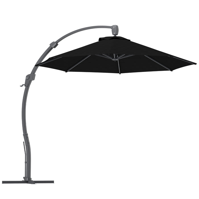 Outsunny 3(m) Garden Cantilever Parasol, Round Overhanging Umbrella with Crank Handle, Cross Base, Aluminium Frame and 360° Rotation, Banana Patio Umbrella for Outdoor Sun Shade, Black