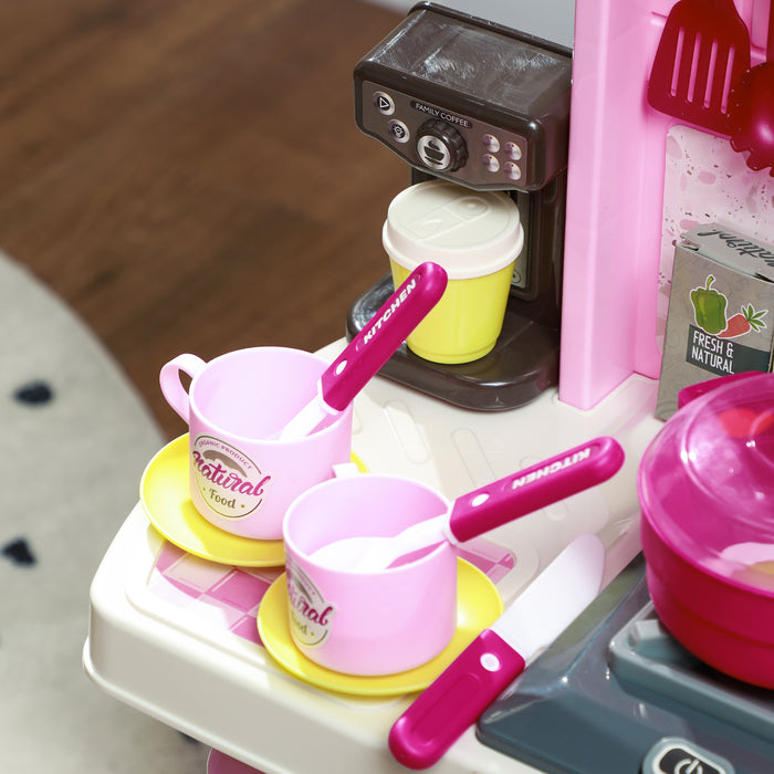 AIYAPLAY Kids Kitchen with 33 Piece Accessories, Lights, Sounds, Storage, for Children 3-6 Years, Pink | Aosom UK