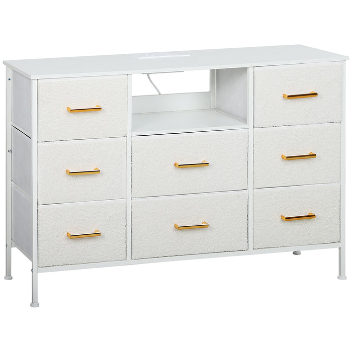 HOMCOM Boucle Chest of Drawers, 8 Fabric Drawers Storage Organiser with Charging Station, 2 USB and 2 AC Ports, Steel Frame, Fabric Dresser for Living Room, Bedroom, Hallway, Cream White
