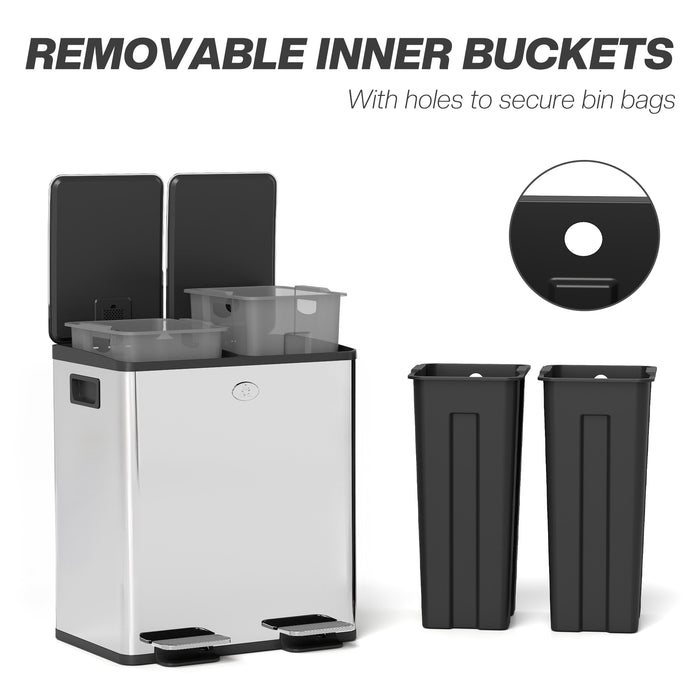 HOMCOM 40L Dual Compartment Stainless Steel Bin, with Deodoriser Holders - Silver Tone