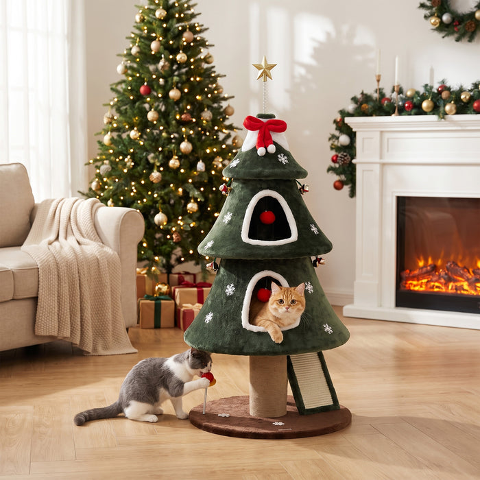 PawHut Cat Tree, Christmas Cat Tower with Dual Condos, Sisal Ladder, Jute Posts, Anti-Tip Rope, Hanging Balls, 60 x 60 x 132 cm